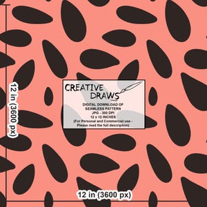 Pu&ograve; includere: Download digitale di un motivo senza cuciture con disegni ovali neri su sfondo corallo. L'immagine include testo che indica che il motivo &egrave; di 30,48 cm x 30,48 cm ed &egrave; per uso personale e commerciale. Il file &egrave; un JPG a 300 DPI.