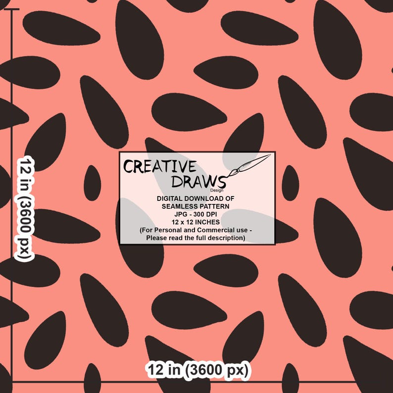 Pu&ograve; includere: Download digitale di un motivo senza cuciture con disegni ovali neri su sfondo corallo. L'immagine include testo che indica che il motivo &egrave; di 30,48 cm x 30,48 cm ed &egrave; per uso personale e commerciale. Il file &egrave; un JPG a 300 DPI.