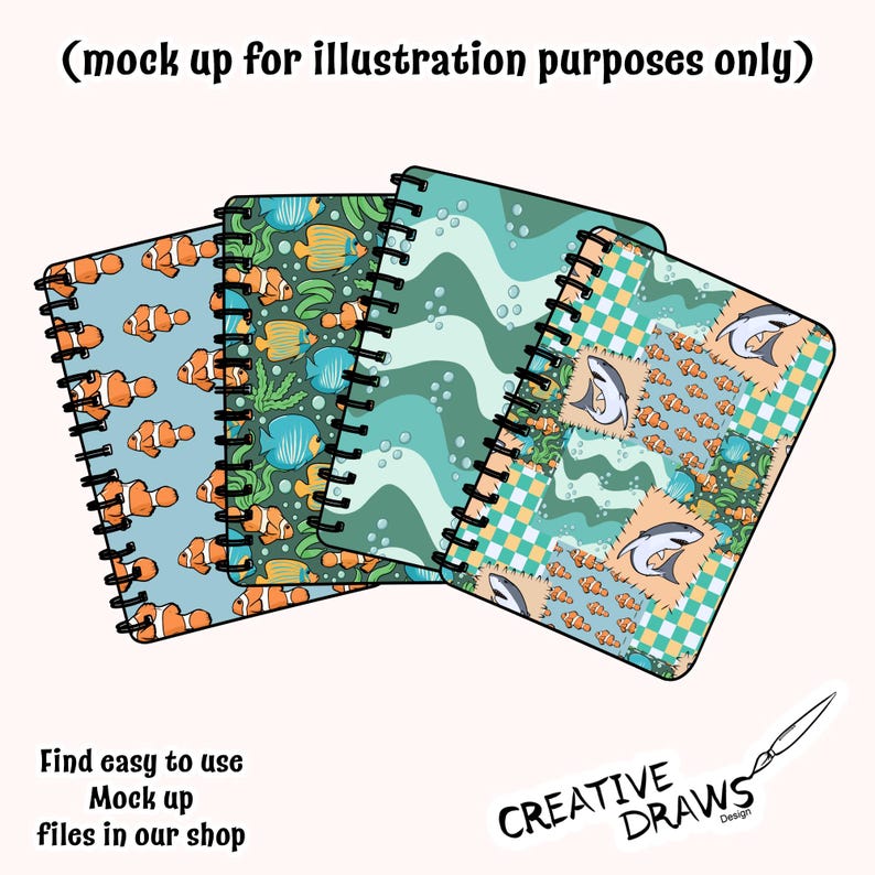May include: Four spiral-bound notebooks with aquatic designs. The notebooks feature patterns of clownfish, various fish, wavy lines, and patchwork with sharks. The text "Find easy to use Mock up files in our shop" is visible.