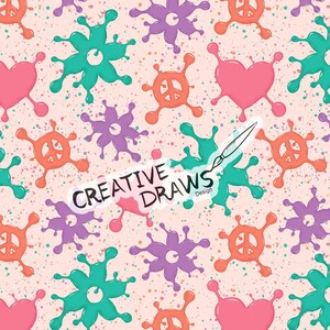 May include: A repeating pattern featuring colorful splatters, peace signs, hearts, and starburst shapes in shades of pink, teal, orange, and purple. The design includes the text "CREATIVE DRAWS Design" in a white sticker.