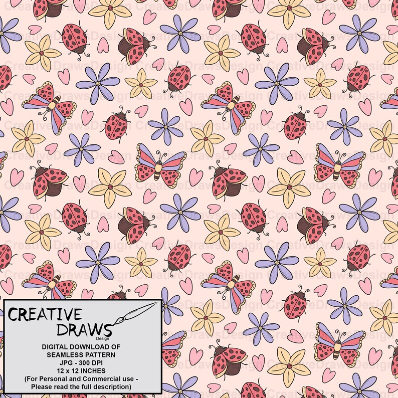 Ladybug Repeat Pattern Ladybug Garden Seamless Pattern, Butterfly Digital Repeat Pattern for ...