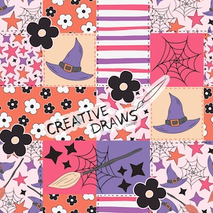 May include: A patchwork design featuring Halloween-themed illustrations. The design includes witch hats, spiderwebs, stars, flowers, and a broom. The text "CREATIVE DRAWS" is also present. The color palette includes orange, pink, purple, and black.