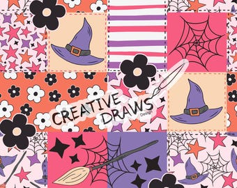 May include: A colorful patchwork design featuring Halloween-themed illustrations. The pattern includes witch hats, spiderwebs, stars, flowers, and a broom. The text "CREATIVE DRAWS Design" is also present. The color palette includes orange, pink, purple, and black.