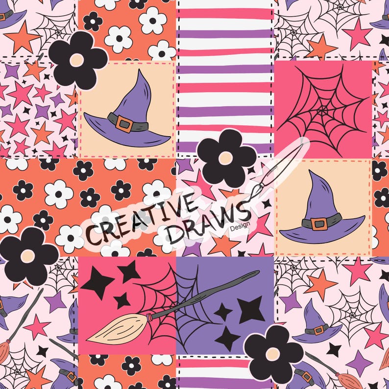 Peut inclure: Un motif patchwork avec des illustrations sur le th&egrave;me d'Halloween. Le motif comprend des chapeaux de sorci&egrave;re, des toiles d'araign&eacute;es, des &eacute;toiles, des fleurs et un balai. Le texte "CREATIVE DRAWS" est &eacute;galement pr&eacute;sent. La palette de couleurs comprend l'orange, le rose, le violet et le noir.