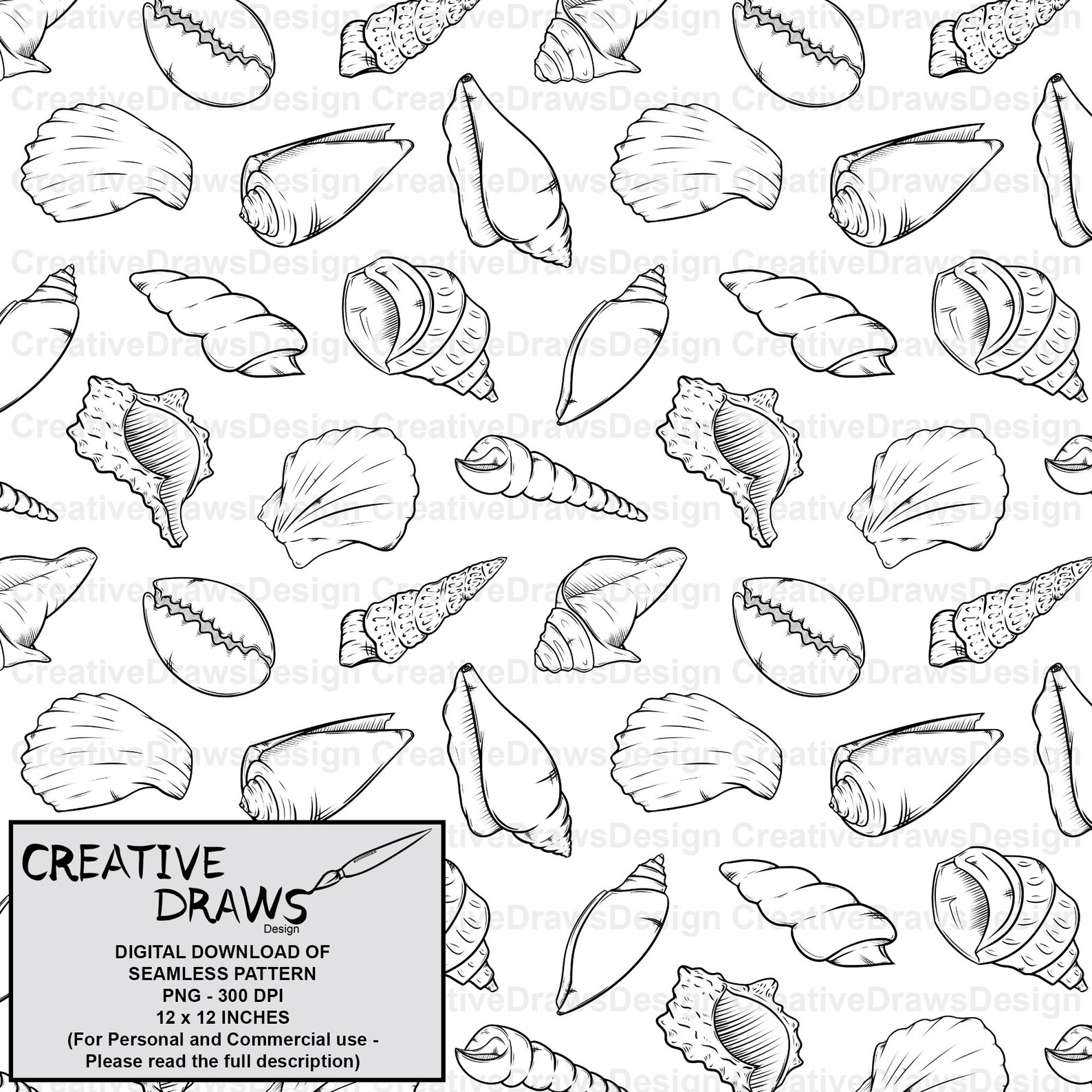 Seashell Seamless Pattern Line Art With Transparent Background, Digital ...
