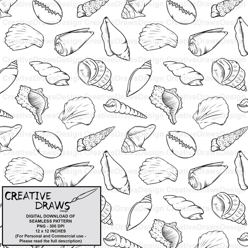 Seashell Seamless Pattern Line Art With Transparent Background, Digital ...