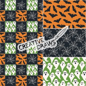 Peut inclure: Motifs de papier numérique sur le thème d'Halloween. Comprend des patchworks avec des fantômes, des chauves-souris et des toiles d'araignées, ainsi que des motifs individuels de chauves-souris sur orange, de toiles d'araignées sur noir et de fantômes sur vert. Le texte "CREATIVE DRAWS Design" est également présent.