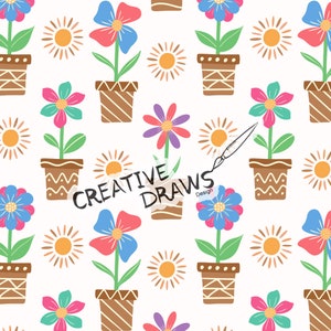 May include: A seamless pattern featuring colorful flowers in pots with brown stripes and yellow suns. The text "CREATIVE DRAWS Design" is written in black across the pattern.
