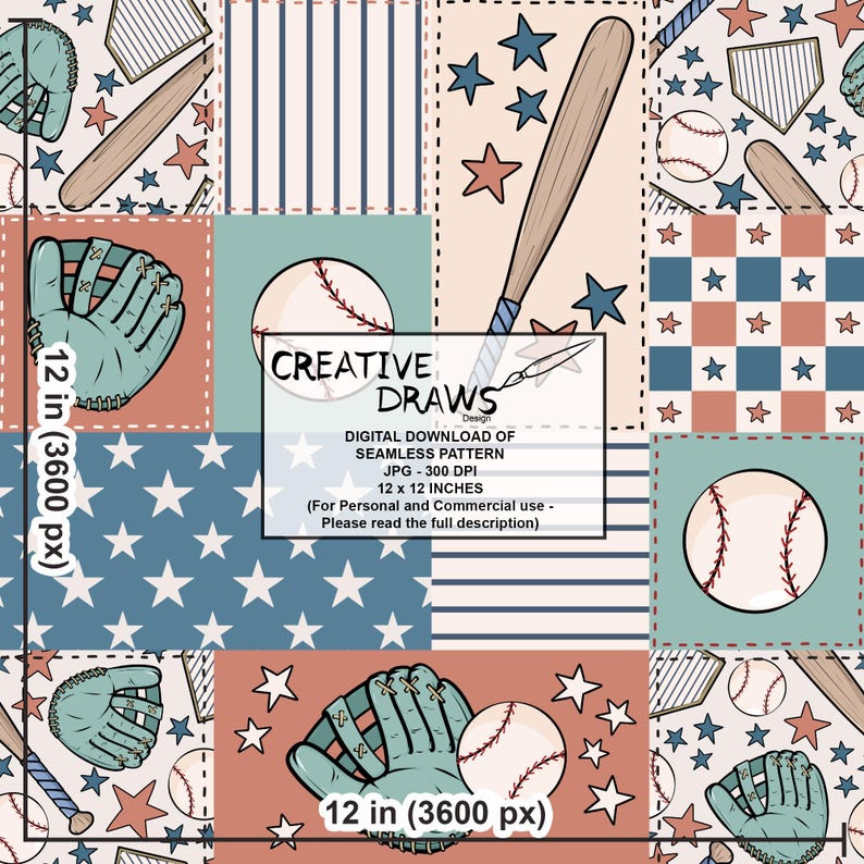 Paquete de patrones sin costuras de patchwork de béisbol, juego de papeles digitales repetitivos imagen 10