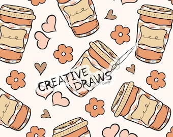 Könnte beinhalten: Ein nahtloses Muster mit einem sich wiederholenden Design aus Kaffeetassen, Herzen und Blumen. Die Kaffeetassen sind braun mit einem karierten Muster und einem weißen Etikett mit der Aufschrift "Kaffee". Die Herzen sind rosa und braun, und die Blumen sind orange. Der Hintergrund ist weiß.