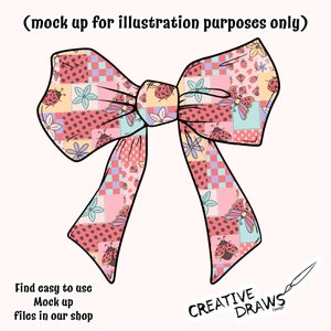 May include: A pink and white patchwork bow with a ladybug and floral pattern. The bow is tied in a knot and has a black outline.