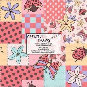 May include: A digital download of a seamless pattern featuring a patchwork design with various patterns including polka dots, checkered, hearts, and flowers. The pattern also includes ladybugs and butterflies in pink, red, blue, and yellow.