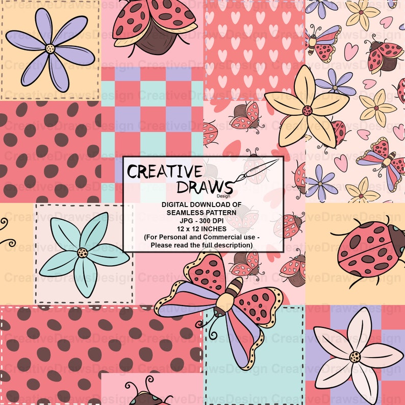 May include: A digital download of a seamless pattern featuring a patchwork design with various patterns including polka dots, checkered, hearts, and flowers. The pattern also includes ladybugs and butterflies in pink, red, blue, and yellow.