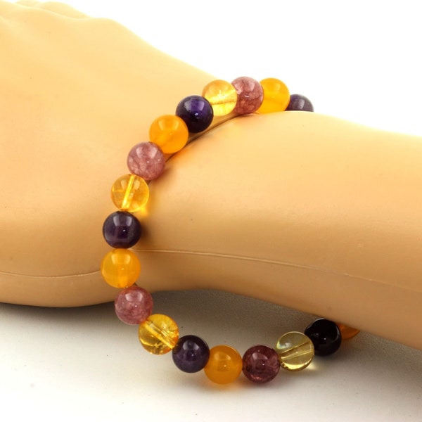 Perles Bracelet Citrine + Améthyste + Lépidolite + Agate jaune. Pierres naturelles