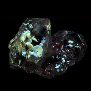 May include: Two clear quartz crystals with inclusions of white and blue minerals. The crystals are clustered together and have a natural, rough texture.