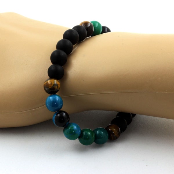 Perles Bracelet Chrysocolle + Oeil de Tigre + Onyx noir mat. Pierres naturelles