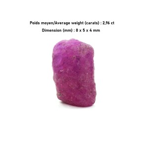 May include: A raw, pink gemstone with a textured surface. The average weight is 2.96 carats, and the dimensions are 8 x 5 x 4 mm. The text on the image reads: "Poids moyen/Average weight (carats): 2,96 ct Dimension (mm): 8 x 5 x 4 mm."