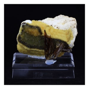 May include: A yellow, brown and green mineral specimen with a cluster of brown crystals on a clear acrylic display stand.