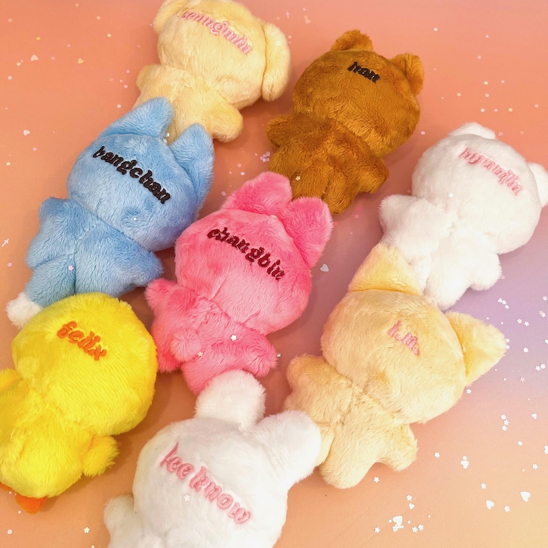 Peut inclure: Une collection de huit peluches, chacune avec une couleur diff&eacute;rente et un nom brod&eacute; au dos. Les noms sont : 'Felix', 'Lee Know', 'I.N', 'Changbin', 'Han', 'Hyunjin', 'Bangchan' et 'Minho'.