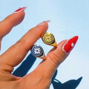 May include: Two signet rings with compass rose designs. One ring is gold-toned, the other is silver-toned with a dark blue design. The rings are oval-shaped and set against a light blue background.
