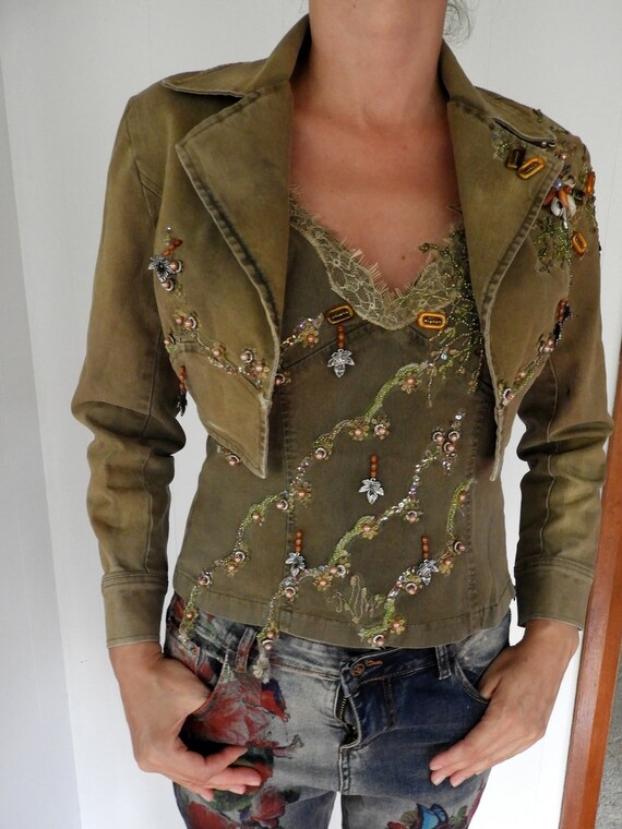 VRshopLove Womens Olive Jeans Set, Bolero Jacket and Top Set