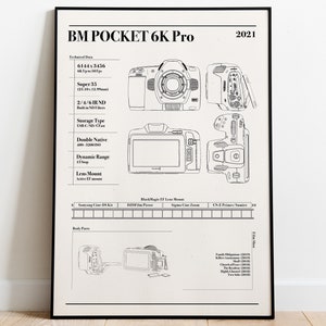 Poster Cinema Cameras, BMPocket 6K Pro, Minimal Illustration, (A4/A3/A2/50x70/etc.) Graphic Style, Vintage Retro Art Print, Wall Art
