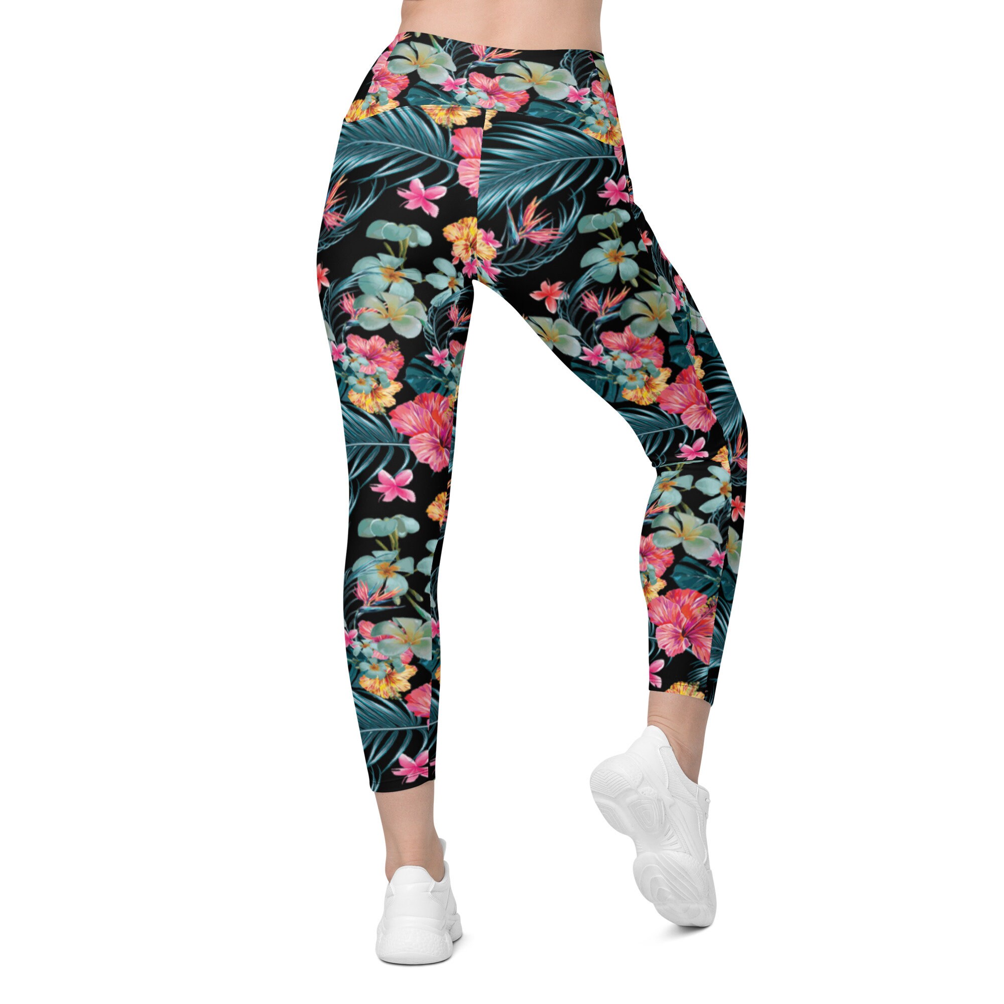 Beautiful tropical flower Crossover leggings with pockets