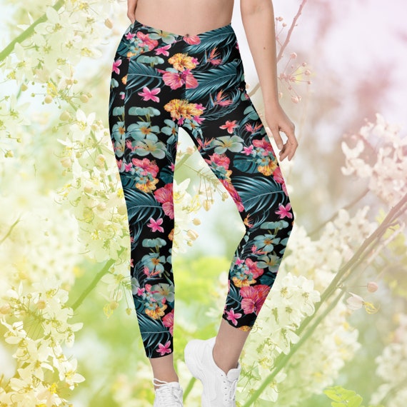 Beautiful Tropical Flower Crossover Leggings with Pockets