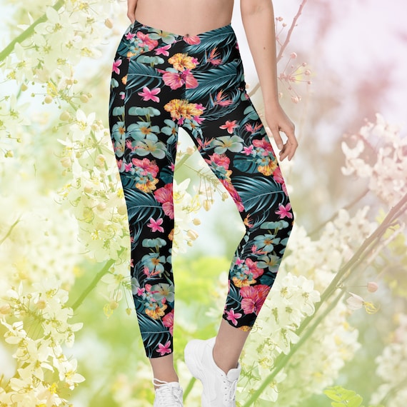 Beautiful Tropical Flower Crossover Leggings with Pockets