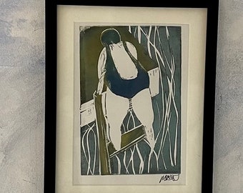 Time to Commit em azul e dourado - Impressão emoldurada assinada original - corte à mão, arte linogravura impressa à mão - emoldurada A5 - Wild Swimming -