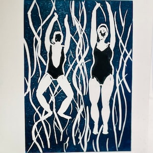 Wild Swimming - Black and Blue - Original signed print  - hand cut, hand printed Linocut Artwork - framed A5
