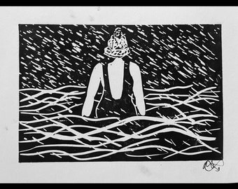 All weather swim - Cold Water Swimming - Original signed print  - hand cut, hand printed Linocut Artwork - framed A5