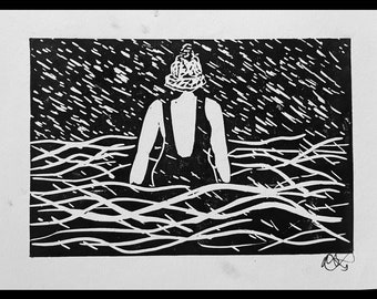 Natação em qualquer clima - Natação em Água Fria - Gravura original assinada - obra de arte em linóleo cortada e impressa à mão - emoldurada em formato A5
