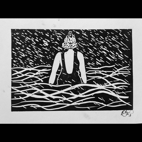 All weather swim - Cold Water Swimming - Original signed print  - hand cut, hand printed Linocut Artwork - framed A5