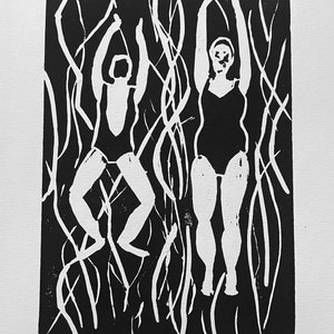 Wild Swimming - Original signed print  - hand cut, hand printed Linocut Artwork - framed A5