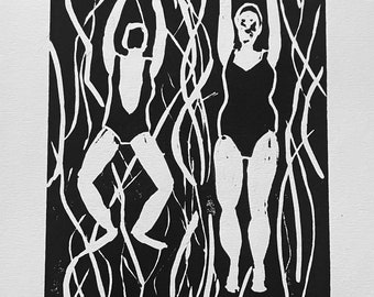 Wild Swimming - Impressão original assinada - corte à mão, arte linogravura impressa à mão - emoldurada A5
