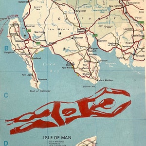 Swim Isle of Man - œuvre d’art unique de natation sauvage - Lino découpé à la main sur la carte originale de l’île de Man - cadeau parfait pour nageur