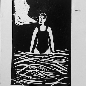 Cold Water Swim - Wild Swimming - Original signed print  - hand cut, hand printed Linocut Artwork - framed A5