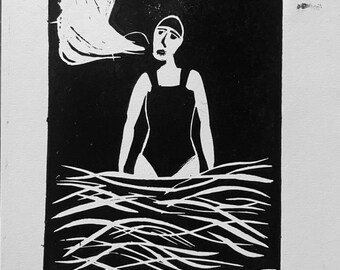 Cold Water Swim - Wild Swimming - Impressão original assinada - corte à mão, arte linogravura impressa à mão - emoldurada A5