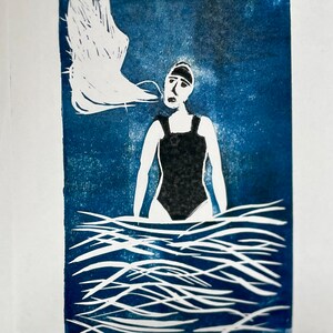 Cold Water Swim - black and blue - Wild Swimming - Original signed print  - hand cut, hand printed Linocut Artwork - framed A5