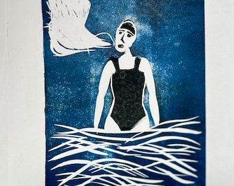 Cold Water Swim - preto e azul - Wild Swimming - Impressão original assinada - corte à mão, arte linogravura impressa à mão - emoldurada A5