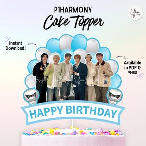 以下が含まれることがあります： P1HarmonyのK-POPグループの写真と「HAPPY BIRTHDAY」の文字が書かれた青いケーキトッパー。青い風船と白い風船で飾られています。