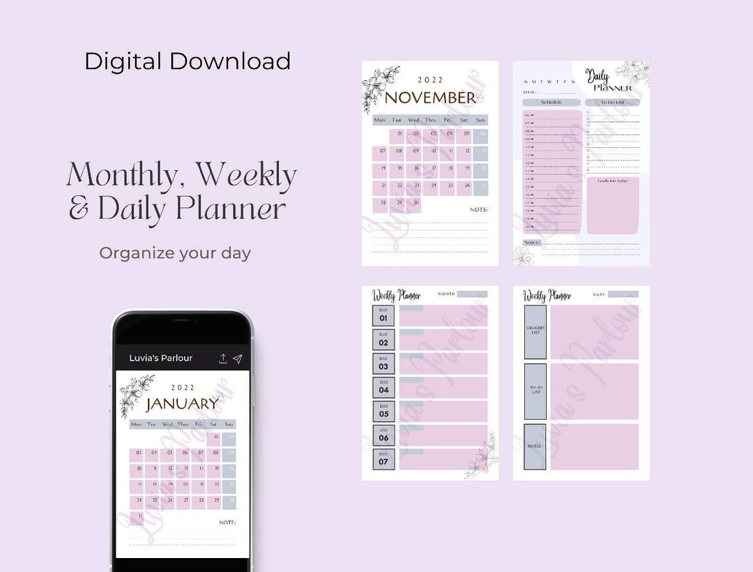 Digital Download Printable Planner, Monthly, Weekly and Daily Planner ...