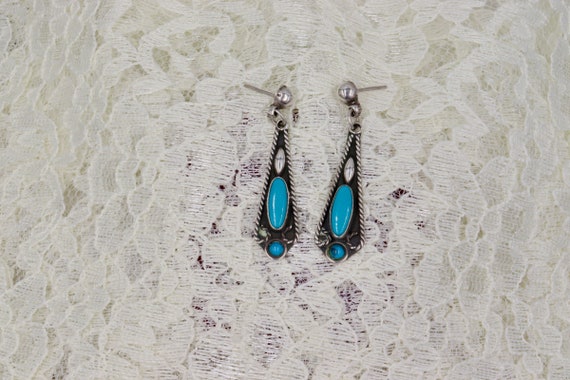 Sterling Silver Oval Turquoise Dangle Earrings - image 2