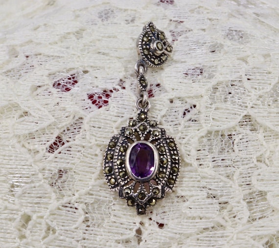 Sterling Silver Amethyst and Marcasite Pendant - image 1