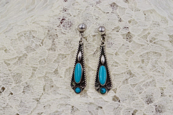 Sterling Silver Oval Turquoise Dangle Earrings - image 1