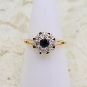Vintage 14k Yellow and White Gold Modern Cut Diamond and Blue Sapphire Cluster Ring