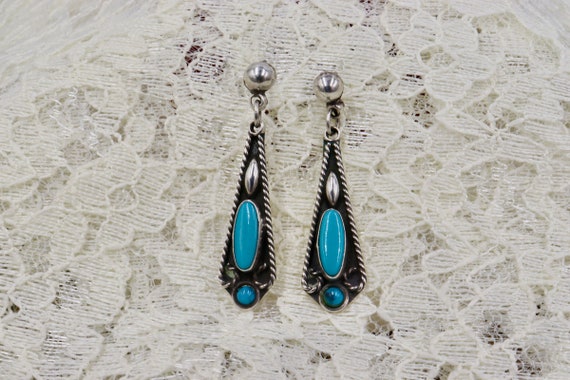 Sterling Silver Oval Turquoise Dangle Earrings - image 5