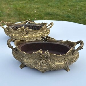 Gilt Bronze Jardinières Set of 2, Rococo Scroll Cachepots Footed | Vintage Planter Centerpiece | Grandmillennial Mantel Decor