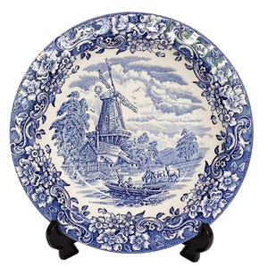 Royal Tudor Ware Windmolenbord, blauw-wit transferware, Engeland, 25 cm | W.N. Mellor Ironstone Diep Bord | Engelse Landelijke Decoratie